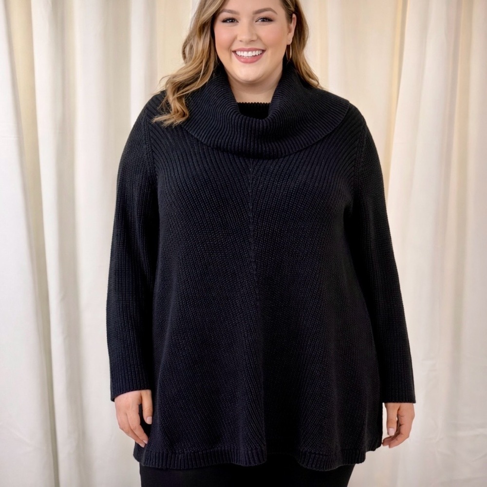NWT Talbots Cotton Heavyweight Ribbed Chevron Knit Cowl Neck Sweater in Black 1X